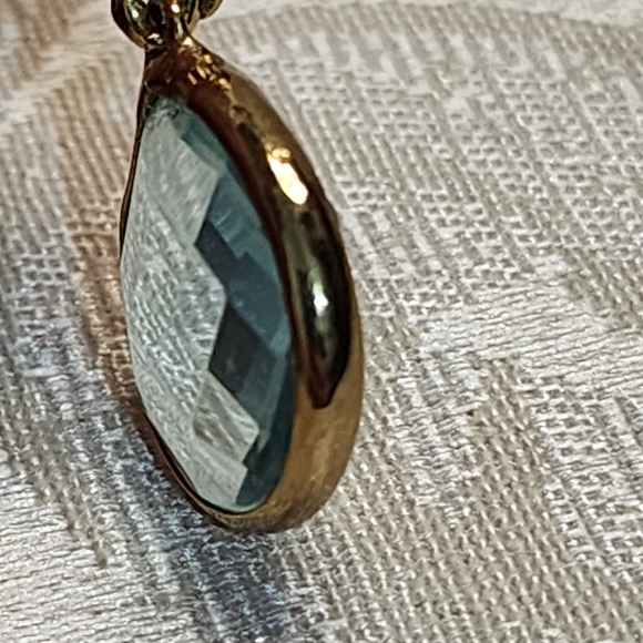 VINTAGE BLUE TOPAZ ROUND BEZEL DROP EARRINGS GOLD PLATED 1980s - Picture 10 of 11